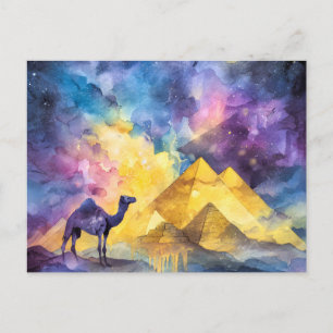 Cartes Pour Fêtes Annuelles Galaxie de désert à l'aquarelle Chameau Pyramide V