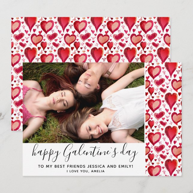 Cartes Pour Fêtes Annuelles Galentine`s Day Red Heart Dessin Ami Photo (Devant / Derrière)