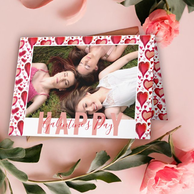 Cartes Pour Fêtes Annuelles Galentine`s Day Red Hearts Dessin Ami Photo (Créateur téléchargé)