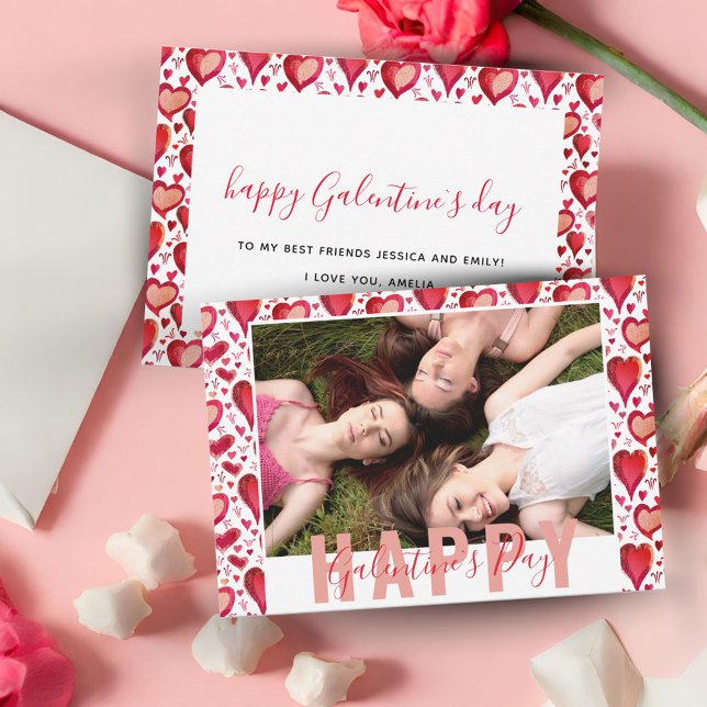 Cartes Pour Fêtes Annuelles Galentine`s Day Red Hearts Dessin Ami Photo (Créateur téléchargé)