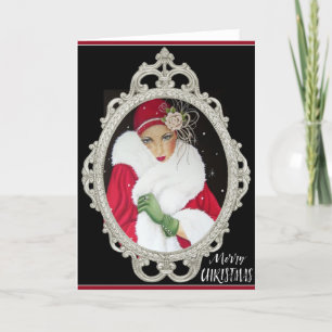 Cartes Pour Fêtes Annuelles Gants verts Manteau rouge Vintage Art Déco Dame
