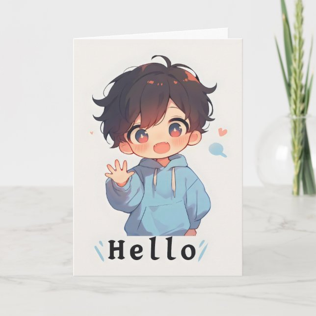 Cartes Pour Fêtes Annuelles Garçon Anime Chibi Kawaii Bonjour (Devant)