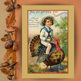 Cartes Pour Fêtes Annuelles Garçon équitation Turquie Custom Thanksgiving Vint