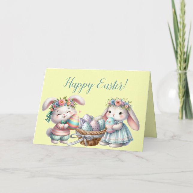 Cartes Pour Fêtes Annuelles Garçon et fille lapins de Pâques avec oeufs (Devant)