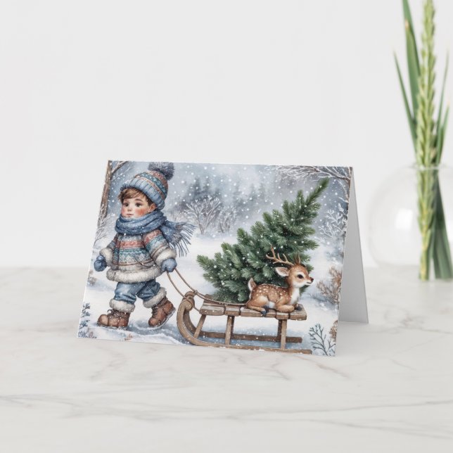 Cartes Pour Fêtes Annuelles Garçon Tirant Un Motoneige Ancien (Devant)