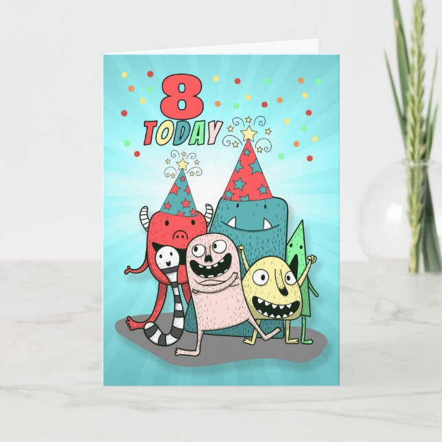 Cartes Pour Fêtes Annuelles Garçons 8 Anniversaire Monstres de caricatures rou (Devant)