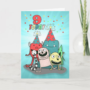 Cartes Pour Fêtes Annuelles Garçons 9e anniversaire Monstres de dessin rouge e