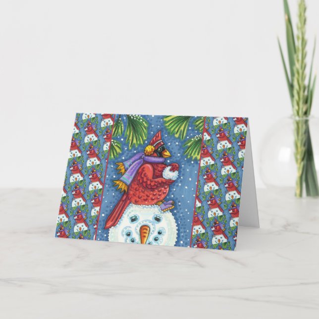 CARTES POUR FÊTES ANNUELLES GARDE CARDINAL SNOWMAN, CUTE NOËL REDBIRD (Devant)