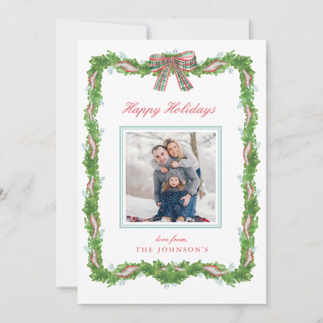 Cartes Pour Fêtes Annuelles Garland Frame Ruban Plaid Bow Christmas Photo (Devant)