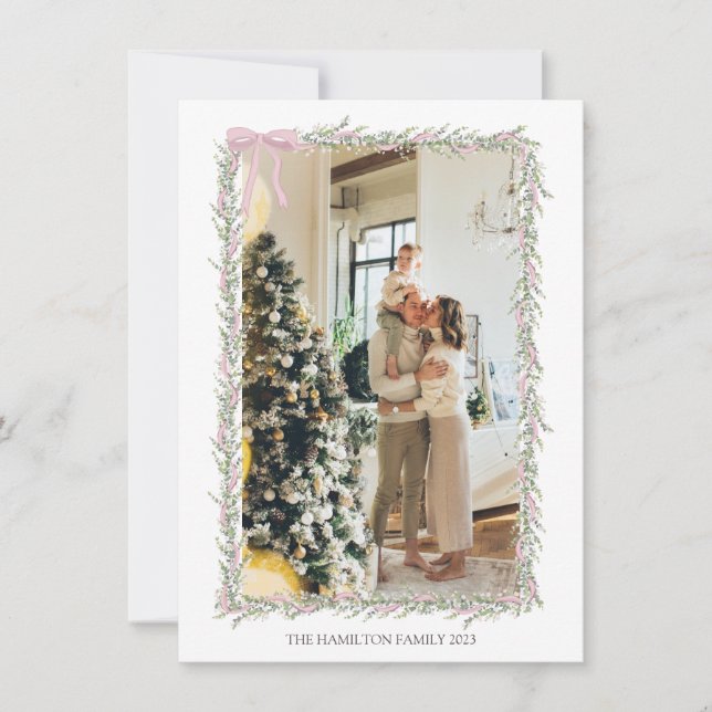 Cartes Pour Fêtes Annuelles Garland rose avec message Photo de Noël (Devant)