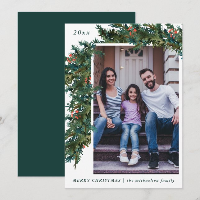 Cartes Pour Fêtes Annuelles Garland verdoyant et vacances photo Turquoise fonc (Devant / Derrière)