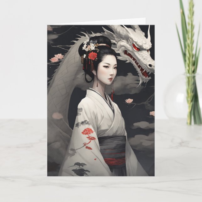 Cartes Pour Fêtes Annuelles Geisha avec Dragon Blanc Nouvel An Chinois 2024 (Devant)