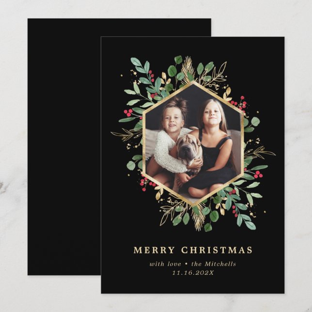 Cartes Pour Fêtes Annuelles Géométrie de verdure dorée sur photo de Noël noire (Devant / Derrière)