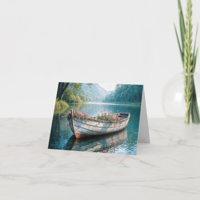 Cartes Pour Fêtes Annuelles Geraniums Roses Dans Un Bateau En Bois (Devant)