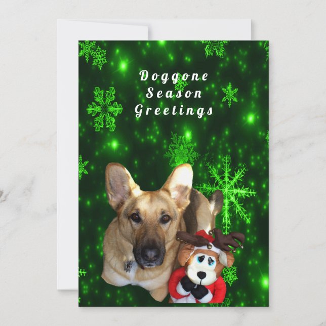 Cartes Pour Fêtes Annuelles German Shepherd, Toy Reindeer, Green Snowflakes (Devant)