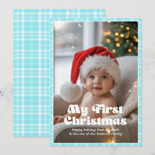 Cartes Pour Fêtes Annuelles Gingham Bleu Électrique Mon Premier Noël Bébé