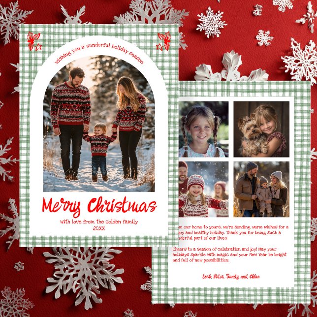 Cartes Pour Fêtes Annuelles Gingham Red Green Christmas Custom Arch 5 Photo  (Gingham Red Green Christmas Custom Arch 5 Photo Holiday Card
)
