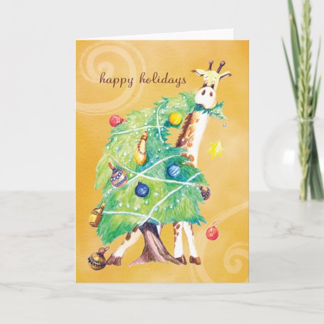 Cartes Pour Fêtes Annuelles Girafe grignotant sur l'arbre de Noël (Devant)