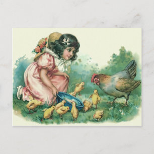 Cartes Pour Fêtes Annuelles Girl Feeding Easter Chick Hen