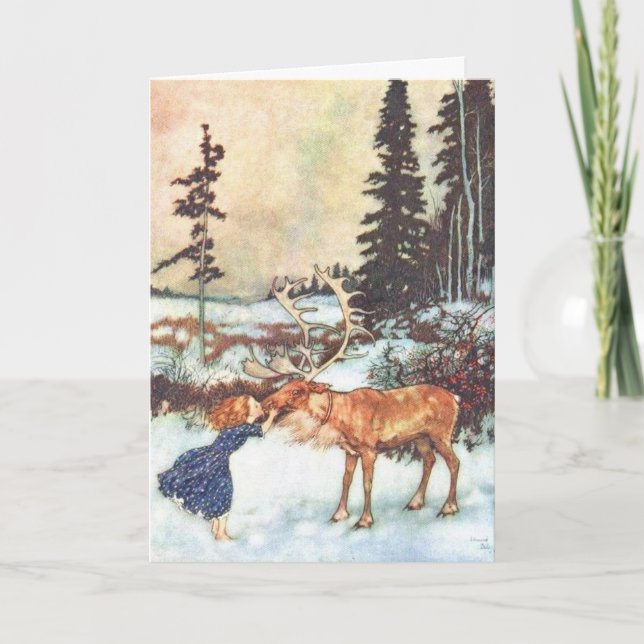 Cartes Pour Fêtes Annuelles "Girl kissing a reindeer" (Devant)