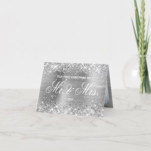 Cartes Pour Fêtes Annuelles Glitter Silver Foil Photo Notre premier Noël