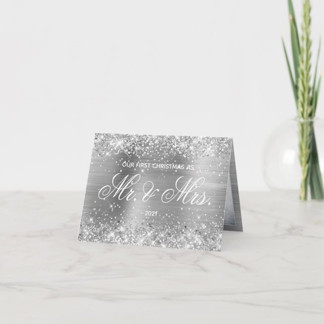 Cartes Pour Fêtes Annuelles Glitter Silver Foil Photo Notre premier Noël (Devant)