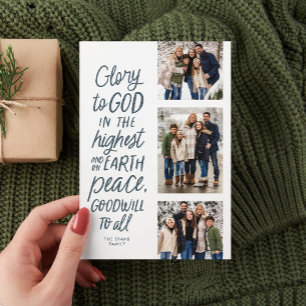 Cartes Pour Fêtes Annuelles Gloire à Dieu bleu trois photo Noël religieux