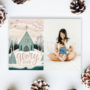 Cartes Pour Fêtes Annuelles Gloire à Dieu. Église d'hiver Noël religieux