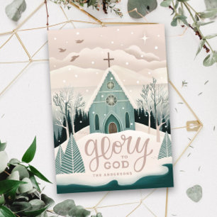 Cartes Pour Fêtes Annuelles Gloire à Dieu. Église d'hiver Noël religieux