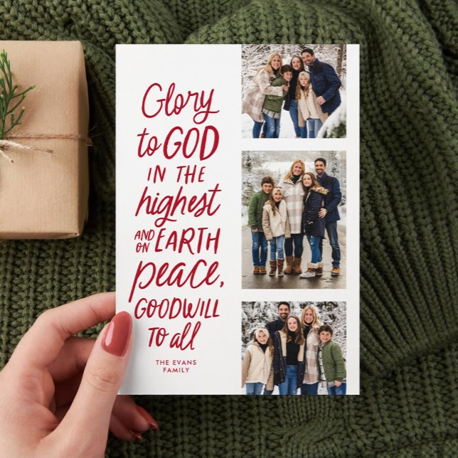 Cartes Pour Fêtes Annuelles Gloire à Dieu rouge trois photo religieuse Noël (Créateur téléchargé)