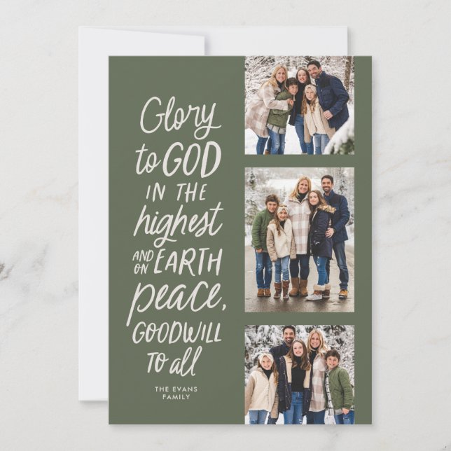 Cartes Pour Fêtes Annuelles Gloire à Dieu vert trois photo Noël religieux (Devant)