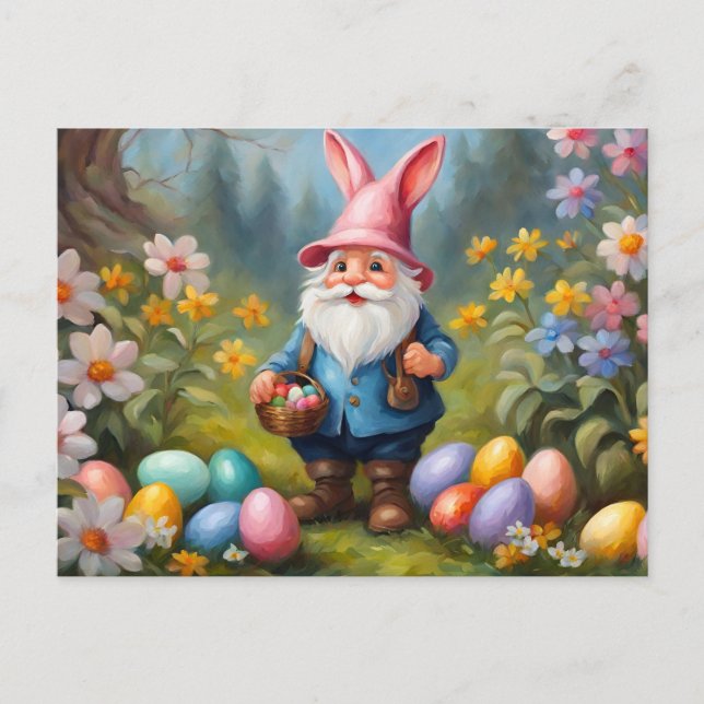 Cartes Pour Fêtes Annuelles Gnome de Pâques mignonne dans le jardin du printem (Devant)