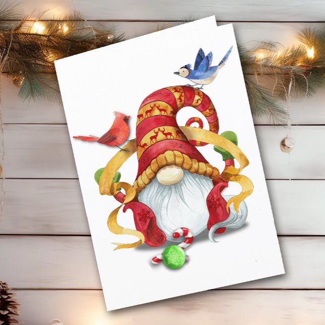 Cartes Pour Fêtes Annuelles Gnome de ruban drôle avec oiseaux Plié Noël (Créateur téléchargé)