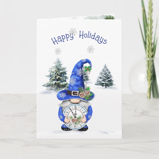 Cartes Pour Fêtes Annuelles Gnome d'hiver de Noël bleu avec horloge (Devant)