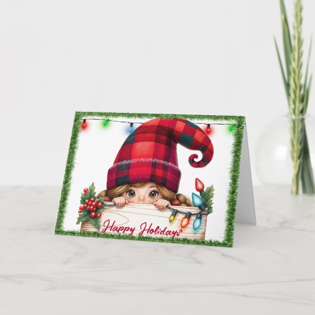 Cartes Pour Fêtes Annuelles Gnome Fille De Noël Avec Casquette Plaid (Devant)
