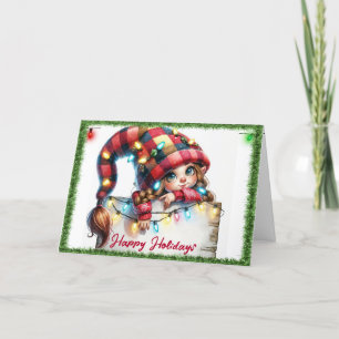 Cartes Pour Fêtes Annuelles Gnome Fille De Noël Avec Casquette Plaid