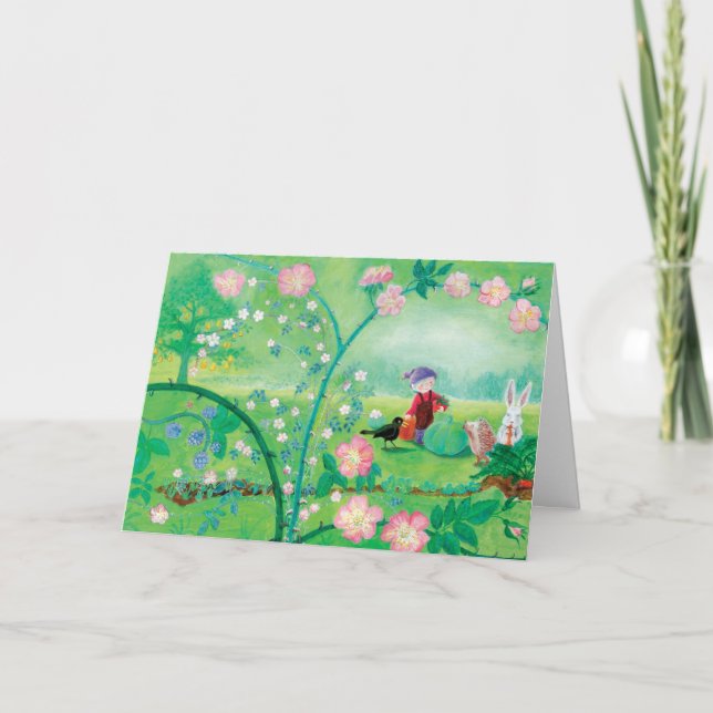 Cartes Pour Fêtes Annuelles Gnome jardiner, Blackbird, Hérisson et lapin blanc (Devant)