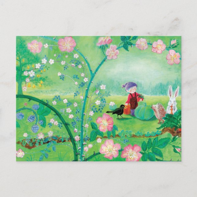 Cartes Pour Fêtes Annuelles Gnome jardiner, Blackbird, Hérisson et lapin blanc (Devant)