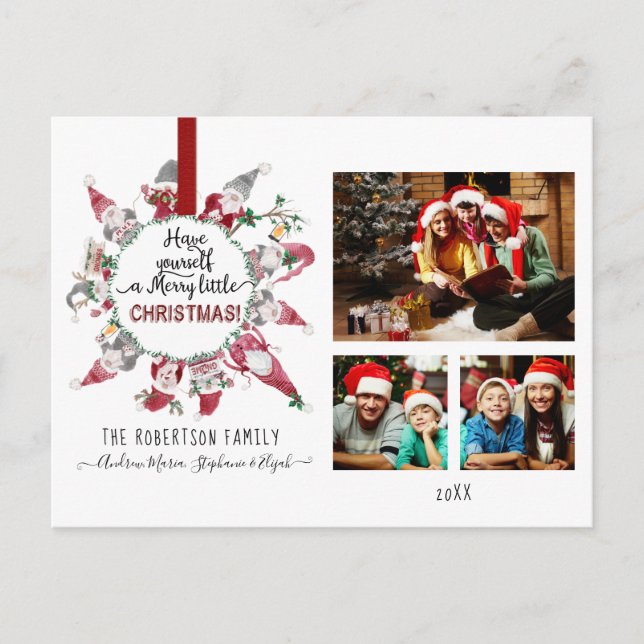 Cartes Pour Fêtes Annuelles Gnome Merry Little Christmas Red Grey Family Photo (Devant)