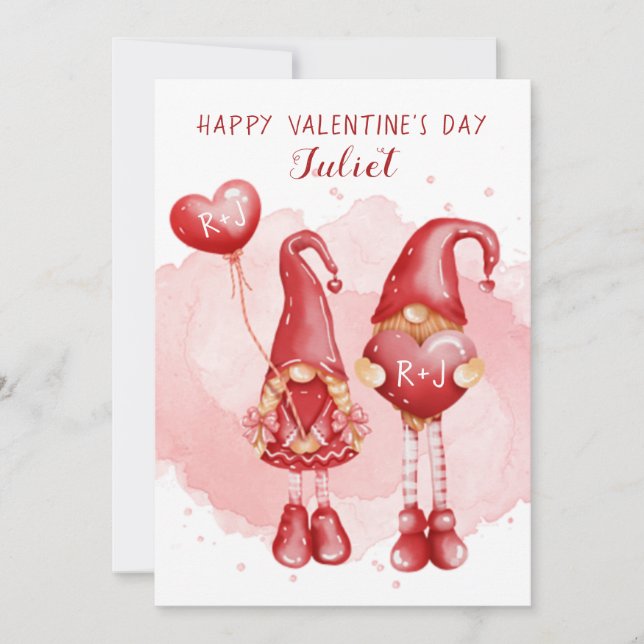 Cartes Pour Fêtes Annuelles Gnomes mignons Initiales personnalisées Coeurs Sai (Devant)