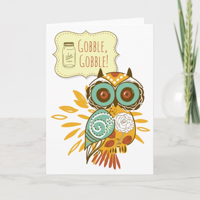 Cartes Pour Fêtes Annuelles Gobble Gobble Floral Orange Owl Thanksgiving (Devant)