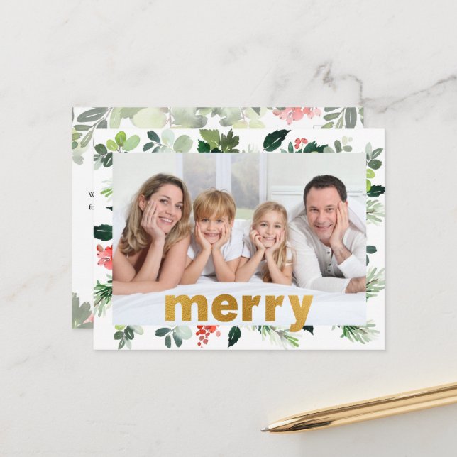 Cartes Pour Fêtes Annuelles God Foil Joyeux Festive Verdure personnalisée Phot (Devant/Arrière en situation)