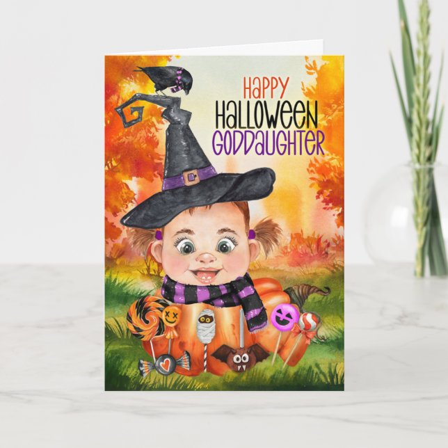 Cartes Pour Fêtes Annuelles Godgirl Little Witch Raven Halloween Citrouille (Devant)