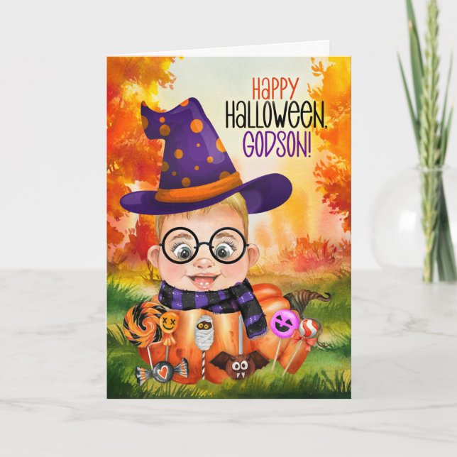 Cartes Pour Fêtes Annuelles Godson Little Wizard Boy in a Citrouille Halloween (Devant)