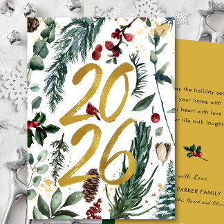 Cartes Pour Fêtes Annuelles Gold 2025 Pin de Noël Festive Bough Rouge Floral