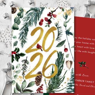 Cartes Pour Fêtes Annuelles Gold 2025 Pin de Noël Festive Bough Rouge Floral