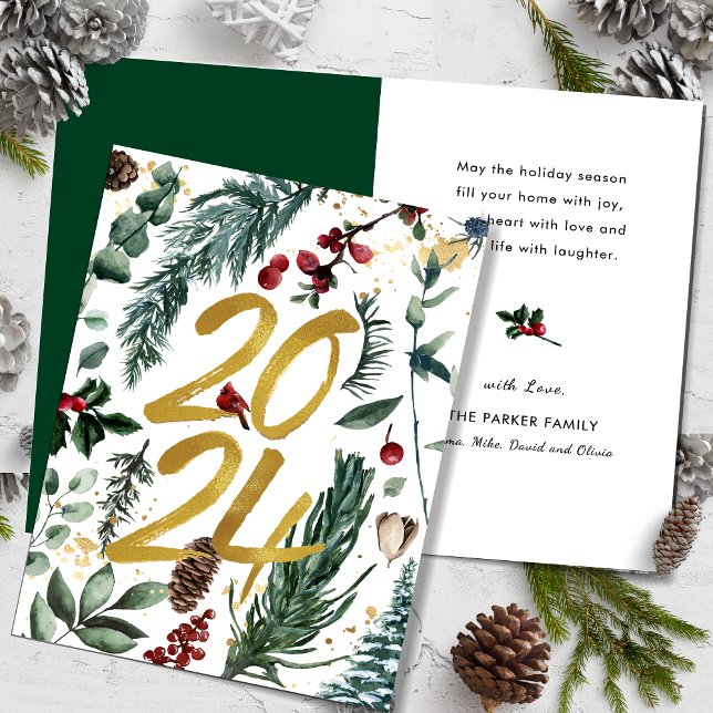 Cartes Pour Fêtes Annuelles Gold 2025 Pin de Noël Festive Bough Rouge Floral (Créateur téléchargé)