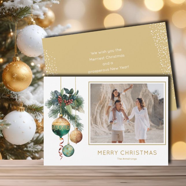 Cartes Pour Fêtes Annuelles Gold and Green Christmas Ornaments Photo (Chic green and gold Christmas tree ornaments flat photo holiday greeting cards)
