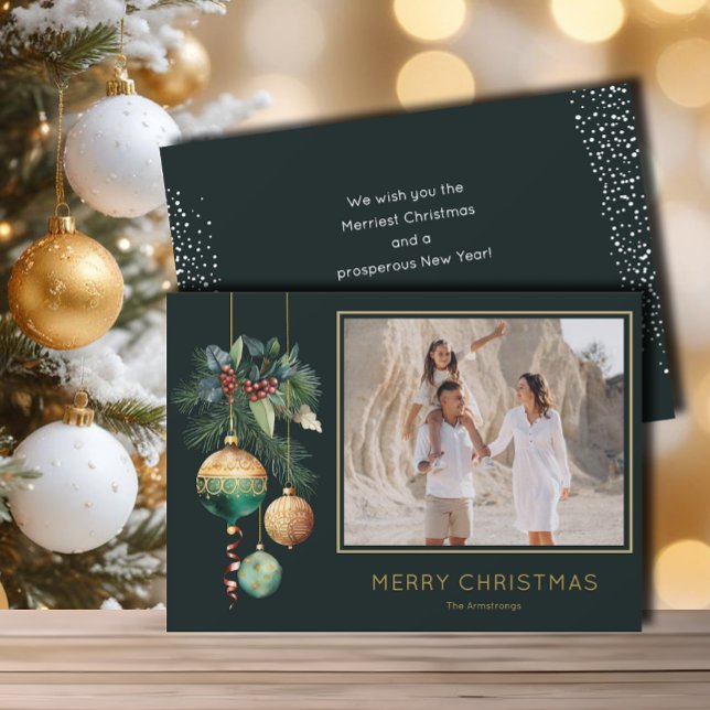 Cartes Pour Fêtes Annuelles Gold and Green Christmas Ornaments Photo (Chic green and gold Christmas tree ornaments flat photo holiday greeting cards)