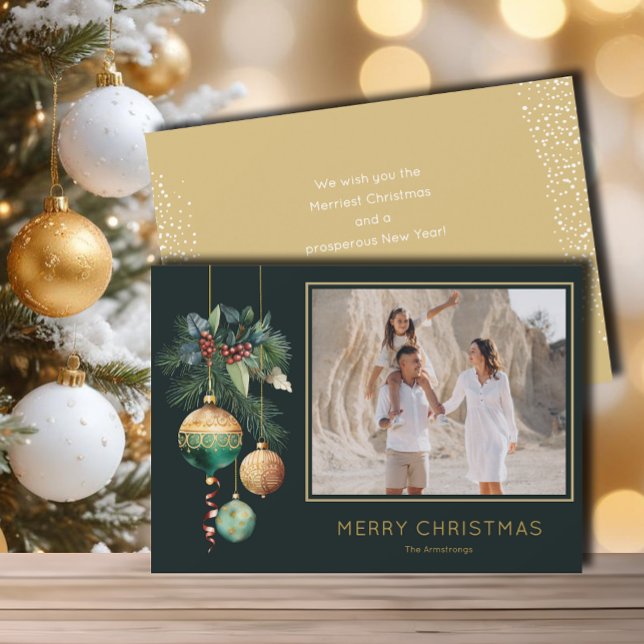 Cartes Pour Fêtes Annuelles Gold and Green Christmas Ornaments Photo (Chic green and gold Christmas tree ornaments flat photo holiday greeting cards)